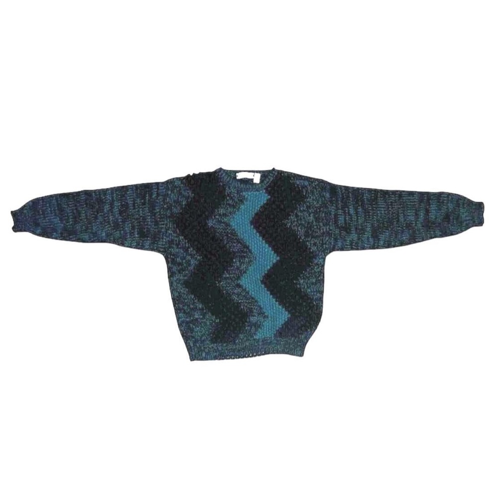 Vintage 80s Saturdays Teal & Black Geometric Knit Sweater - Size L